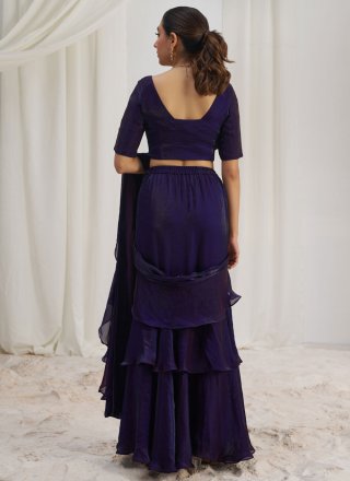 Purple Plain Work Organza Lehenga Style Saree