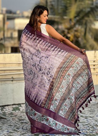 Purple Print and Woven Work Chanderi Trendy Saree