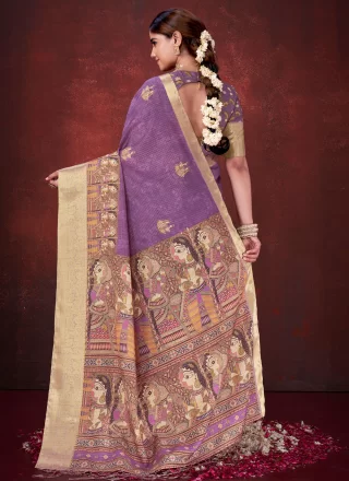 Purple Print Work Silk Designer Saree