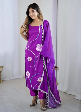 Purple Pure Crepe Floral Patch Work Salwar Suit for Casual