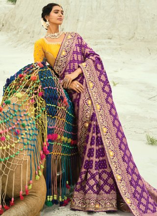 Purple Pure Georgette Bandhej, Cut Dana, Embroidered, Fancy and Zari Work Contemporary Sari for Ceremonial