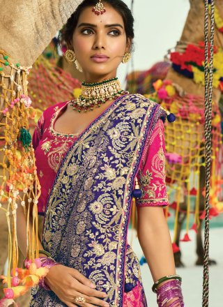 Purple Pure Georgette Bandhej Saree with Beads, Cut Dana, Embroidered, Fancy and Zari Work