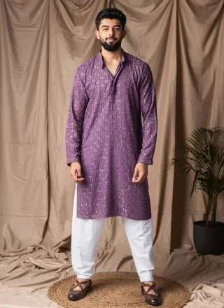 Purple Rayon Embroidered and Thread Work Kurta Pyjama for Ceremonial