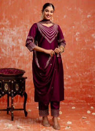 Purple Rayon Embroidered Work Salwar Suit