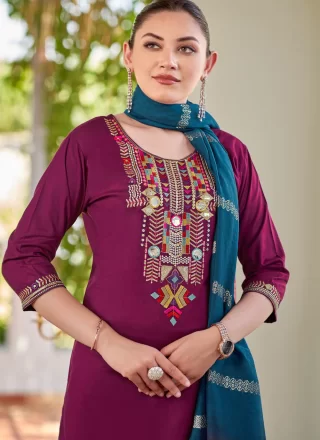 Purple Rayon Embroidered Work Straight Salwar Suit