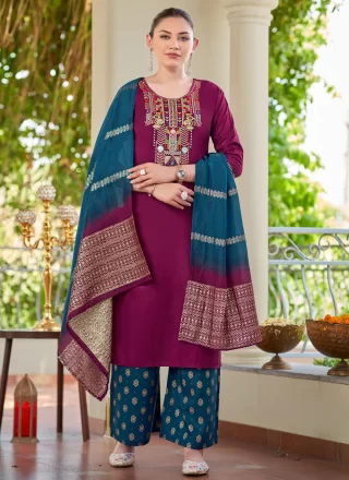 Purple Rayon Embroidered Work Straight Salwar Suit