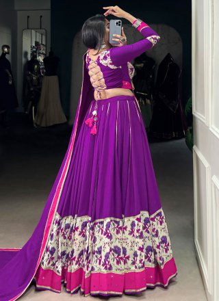 Purple Rayon Lace, Mirror and Print Work Readymade Lehenga Choli for Sangeet