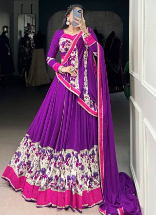 Purple Rayon Lace, Mirror and Print Work Readymade Lehenga Choli for Sangeet
