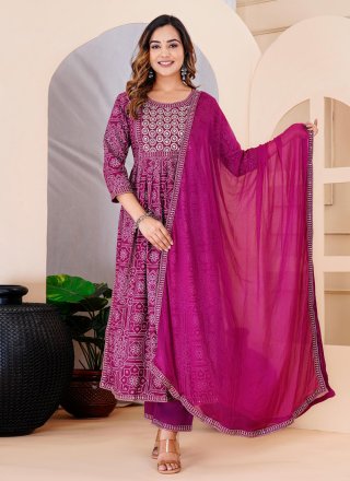 Purple Rayon Salwar Suit with Embroidered and Print Work for Ceremonial