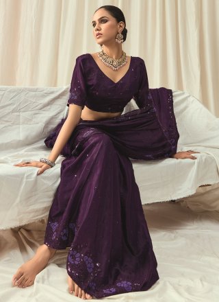 Purple Satin Beads, Embroidered, Floral Patch, Sequins and Thread Work Contemporary Saree