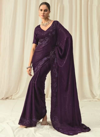 Purple Satin Beads, Embroidered, Floral Patch, Sequins and Thread Work Contemporary Saree