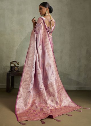 Purple Satin Silk Contemporary Saree with Banarasi Jari, Patch Border, Meenakari and Woven Work