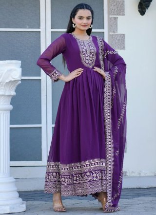 Purple Sequins and Thread Work Georgette Readymade Salwar Suit