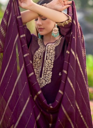 Purple Shimmer Booti and Embroidered Work Salwar Suit for Casual