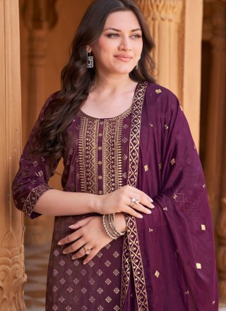 Purple Shimmer Embroidered and Print Work Salwar Suit for Casual