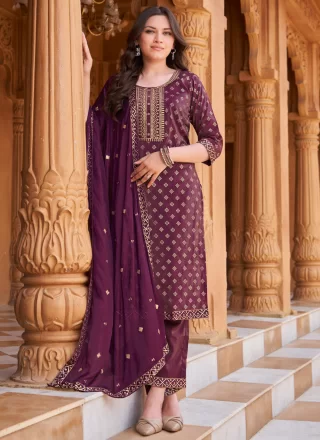 Purple Shimmer Embroidered and Print Work Salwar Suit for Casual