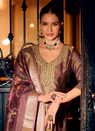 Purple Shimmer Hand and Woven Work Salwar Suit for Ceremonial