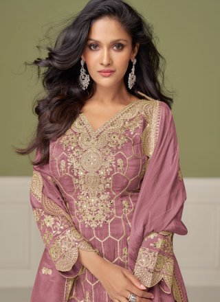 Purple Shimmer Palazzo Salwar Suit with Embroidered, Mirror and Zari Work