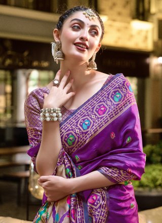 Purple Silk Blend Classic Sari with Floral Patch, Jacquard and Zari Work
