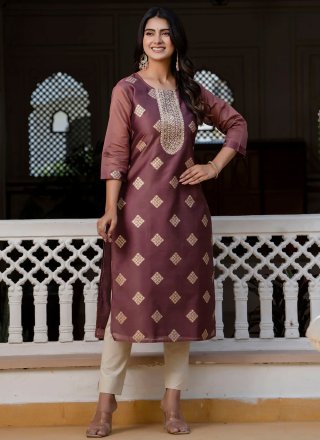 Purple Silk Blend Embroidered and Zari Work Casual Kurti