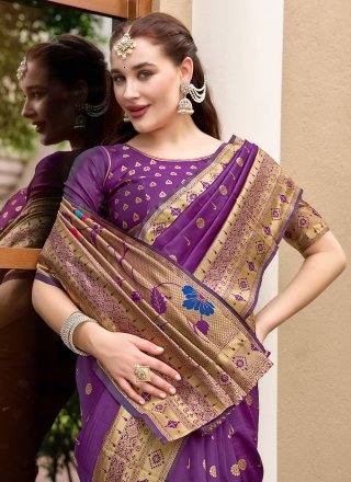 Purple Silk Blend Floral Patch and Weaving Work Contemporary Saree