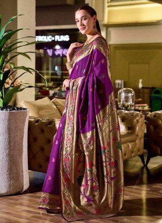 Purple Silk Blend Jacquard and Zari Work Classic Sari for Ceremonial