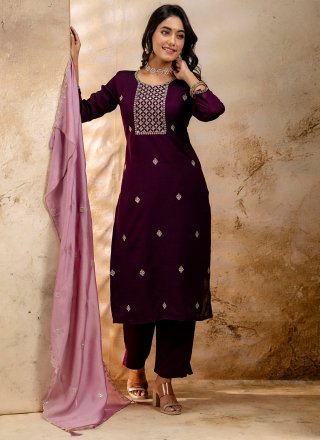 Purple Silk Blend Pant Style Suit with Embroidered Work for Engagement