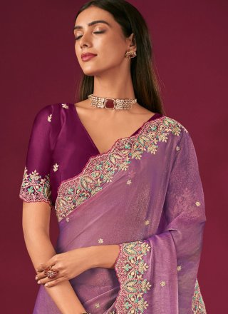 Purple Silk Booti, Cut, Embroidered and Zari Work Trendy Saree for Ceremonial