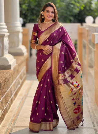 Purple Silk Classic Saree with Meenakari, Weaving and Zari Work