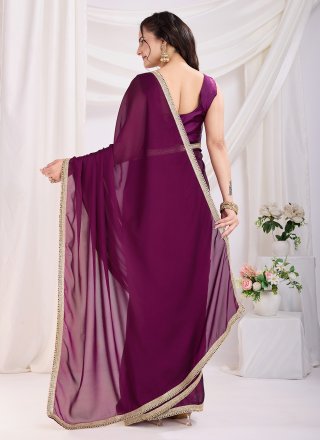 Purple Silk Classic Sari with Patch Border and Lace Work