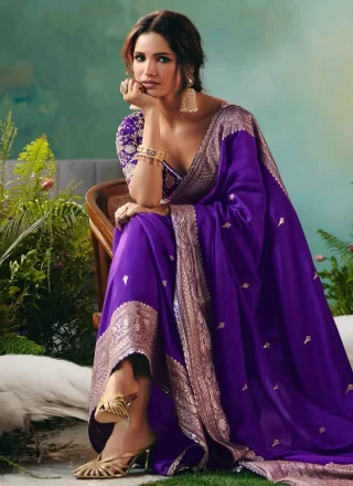 Purple Silk Contemporary Saree with Embroidered and Weaving Work