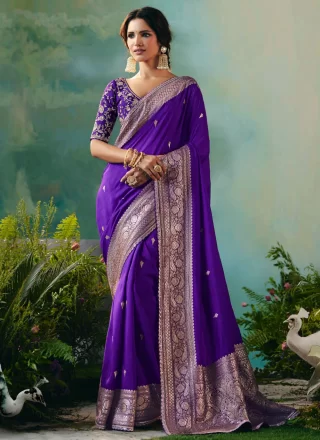 Purple Silk Contemporary Saree with Embroidered and Weaving Work