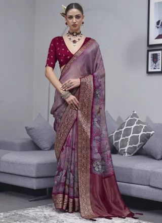 Purple Silk Contemporary Saree with Patch Border, Fancy, Jacquard and Print Work