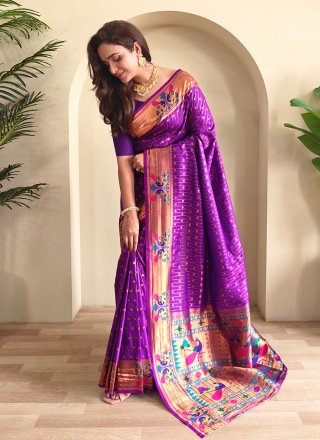 Purple Silk Contemporary Saree with Woven Work for Ceremonial