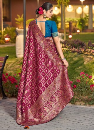 Purple Silk Contemporary Sari with Fancy, Stone and Woven Work for Ceremonial