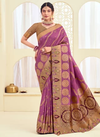 Purple Silk Cut, Embroidered and Jacquard Work Classic Saree