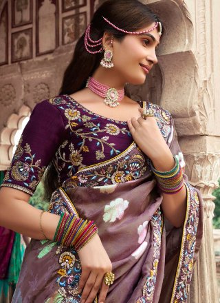 Purple Silk Cut, Embroidered, Stone, Woven and Zari Work Designer Saree