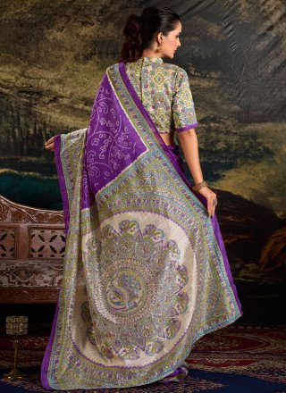 Purple Silk Designer Saree with Bandhej and Print Work