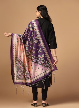 Purple Silk Digital Print Work Dupatta for Women