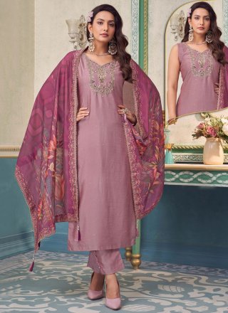 Purple Silk Embroidered and Thread Work Salwar Suit for Festival