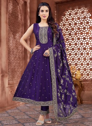 Purple Silk Embroidered and Zari Work Anarkali Suit for Ceremonial