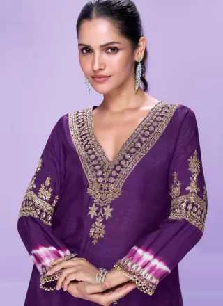 Purple Silk Embroidered and Zari Work Casual Kurti