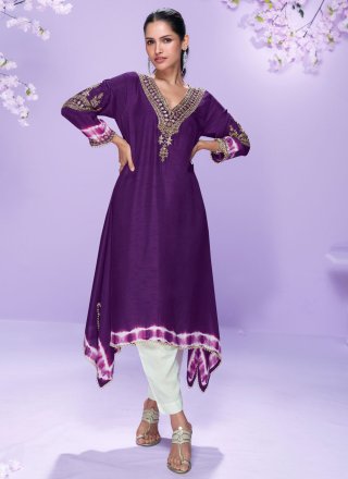 Purple Silk Embroidered and Zari Work Casual Kurti