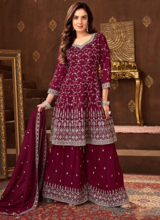 Purple Silk Embroidered and Zari Work Palazzo Salwar Suit