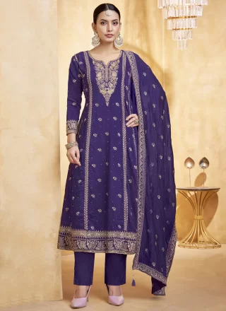 Purple Silk Embroidered and Zari Work Pant Style Suit
