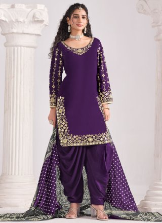 Purple Silk Embroidered, Mirror and Zari Work Salwar Suit