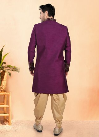 Purple Silk Embroidered, Sequins and Thread Work Indo Western for Men
