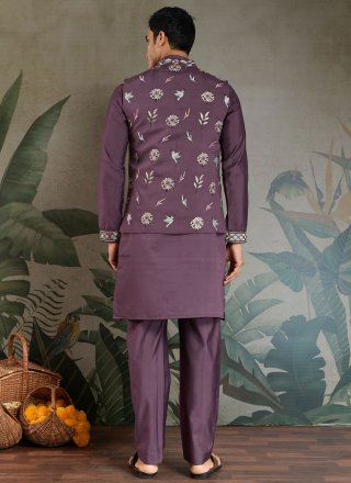 Purple Silk Embroidered Work Kurta Payjama with Jacket for Ceremonial