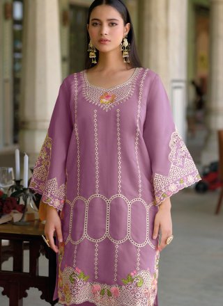 Purple Silk Embroidered Work Party Wear Kurti