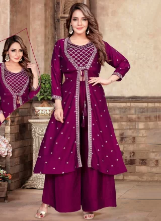 Purple Silk Embroidered Work Readymade Style